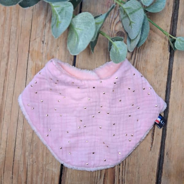 Bavoir double gaze rose pois or